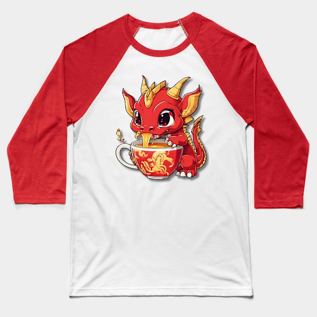 Red and Gold Dragon Sipping Tea Baseball T-Shirt by vwagenet